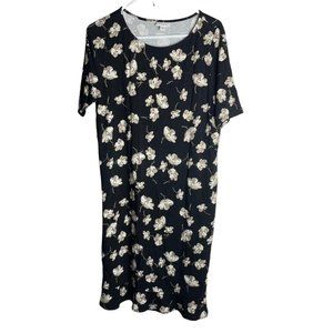 J. Jill Floral Swing Dress Womens M Black Floral Short Sleeve Ruffle Hem